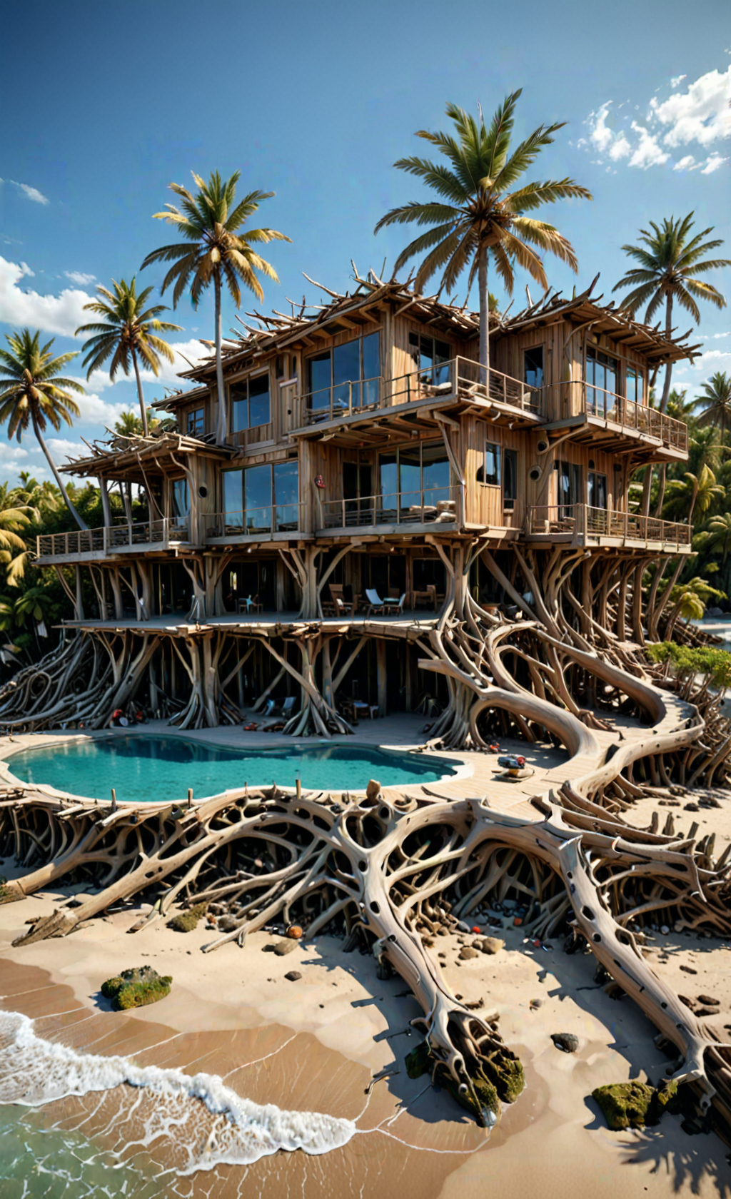 organic, tropical beach Huge Mansion, uneven, unconventional, (Swimming pool), Palm trees, modern architecture made of driftwood mansion on stilts, chaotic, organic design, bezier, <lora:Driftwood_Detailed_Art_-_By_DICE:1>, (Very Intricate), Epic, <lora:3D_Framed_Wall_Art_-_By_DICE:1>,(3D Framed, Driftwood), UHD