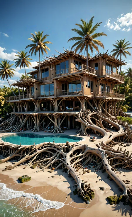 organic, tropical beach Huge Mansion, uneven, unconventional, (Swimming pool), Palm trees, modern architecture made of driftwood mansion on stilts, chaotic, organic design, bezier, <lora:Driftwood_Detailed_Art_-_By_DICE:1>, (Very Intricate), Epic, <lora:3D_Framed_Wall_Art_-_By_DICE:1>,(3D Framed, Driftwood), UHD