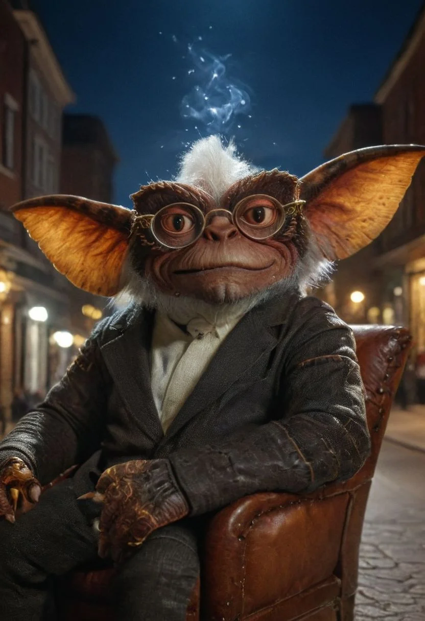Xgremlinx,(Xinteligencex:1.3), ,High-neck jersey jacket glasses sitting in an armchair smoking a pure,amazing quality, masterpiece, best quality, hyper detailed, ultra detailed, UHD, perfect anatomy, portrait, hyper-realism, majestic, awesome, inspiring, - portrait in night city street ,  cinematic composition, soft shadows, national geographic style,