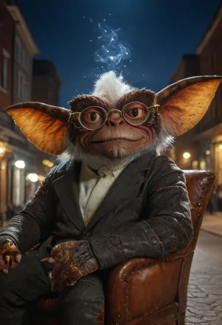 Xgremlinx,(Xinteligencex:1.3), ,High-neck jersey jacket glasses sitting in an armchair smoking a pure,amazing quality, masterpiece, best quality, hyper detailed, ultra detailed, UHD, perfect anatomy, portrait, hyper-realism, majestic, awesome, inspiring, - portrait in night city street , cinematic composition, soft shadows, national geographic style,