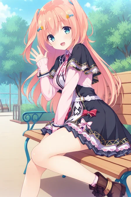 masterpiece,best quality,amazing quality,highres,scenery,newest,1girl,official style,konatsu,bangs,hair between eyes,blue eyes,long hair,orange hair,konatsu school,hair ornament,long sleeves,school dress,aqua eyes,school boots,hairclip,two side up,<lora:mahoroba-konatsu-V2:1>,outdoors,playground,sitting,park bench,looking at viewer,waving,from side,smile,one leg up,open mouth,