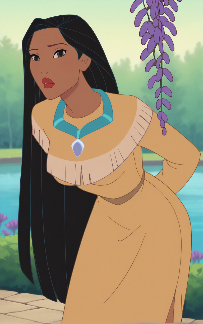 score_9, score_8_up, score_7_up, looking at viewer,  BREAK
TribalDress_Pocahontas_ownwaifu, 
1girl, black eyes, black hair, dark skin, red lips, long hair, dark-skinned female, lipstick, jewelry, necklace, makeup, lips, very dark skin, hair over shoulder, medium breasts, 
yellow dress, dress, yellow shirt, long sleeves, poncho,
(leaning forward, arms behind back), cowboy shot, garden, wisteria, outdoors, <lora:PONYXL_PocaHontas_ownwaifu_r1:0.85> , depth of field, solo,