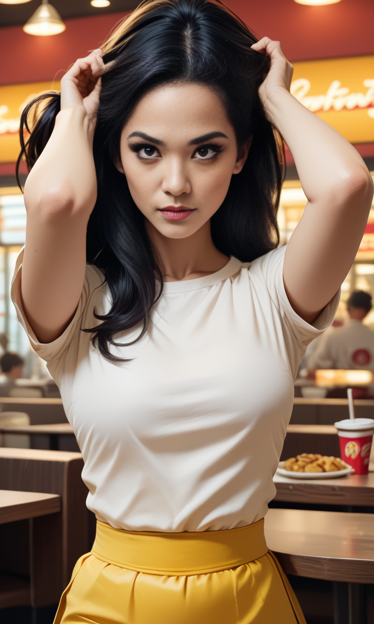 score_9, score_8_up, score_7_up, score_6_up, (front view)+++ , slim girl in fast food restaurant , holds hair  , yellow short skirt and white blouse   , long dark hair   <lora:MakePonytailPony-000005:1>