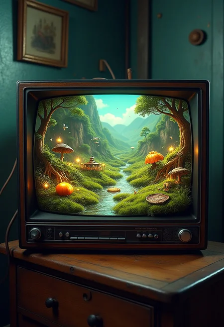 Hidden world inside of an old tv set, hyper-detailed, 8K resolution