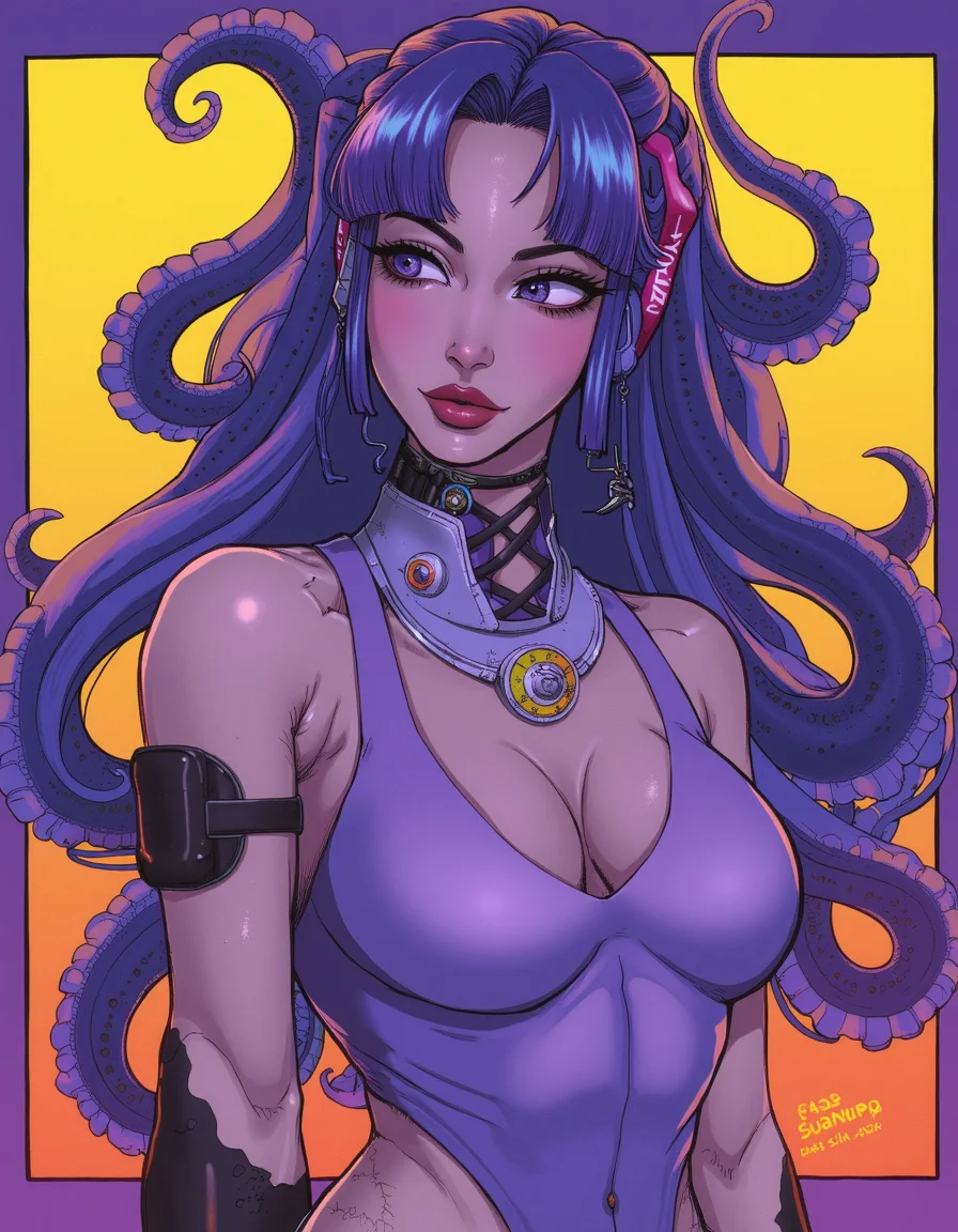 jegi, woman with tentacle hair and cyberpunk upgrades, large breasts, purple orange gradient border,