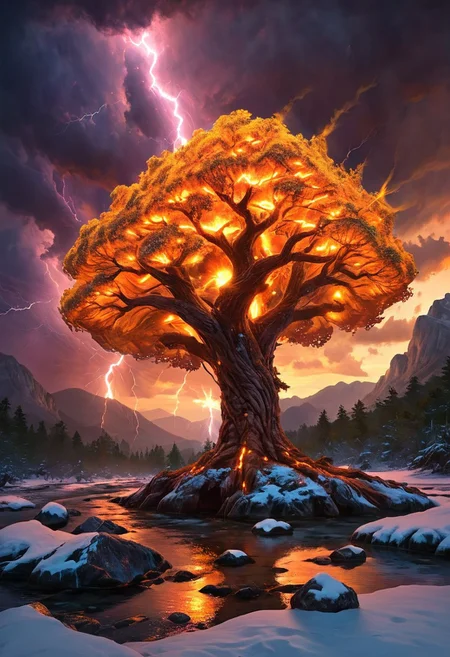 (by Ellen Jewett:1.5), (Fiery orange Bioluminescent Impressionism with lightning, mountain landscape, The Dreamland, Gibson Great Mountains, rock, sky, giant tree, great grand tree on mountains, great fire, great lightning, scenery, great great magical tree, sunset, sunrise , stream, lightining, snow and ice, ethereal landscapes, depth of field, biotech emotion:1.3) <lora:xl_more_art-full_v1:0.5> <lora:add-detail-xl:1> , ral-wlfnte <lora:RMSDXL_Creative:2>