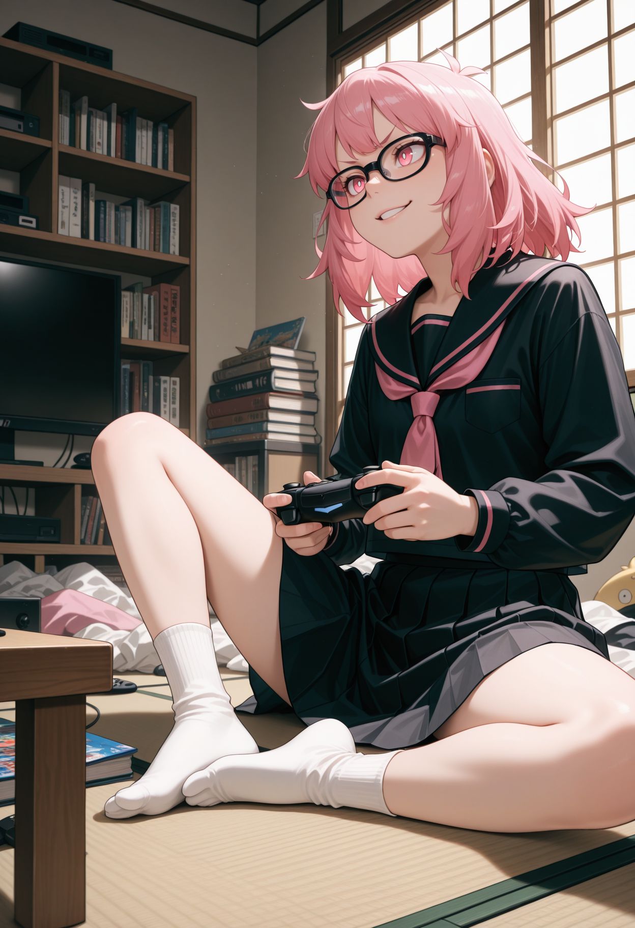 masterpiece,best quality,absurdres,highres,very aesthetic,high quality,detailed,insanely detailed,beautiful, smile,
, indoors, playing games , tatami, table, sliding doors, bookshelf, sitting, spread legs, controller, game controller, holding controller, holding game controller, looking ahead, v-shaped eyebrows, smirk, parted lips, messy room, from side
, <lora:Pop Step v2 illu:1>
1girl, pink hair, pink eyes, medium hair, black-framed eyewear, glasses, black shirt, serafuku, ,black skirt shirt, socks, white socks, school uniform,