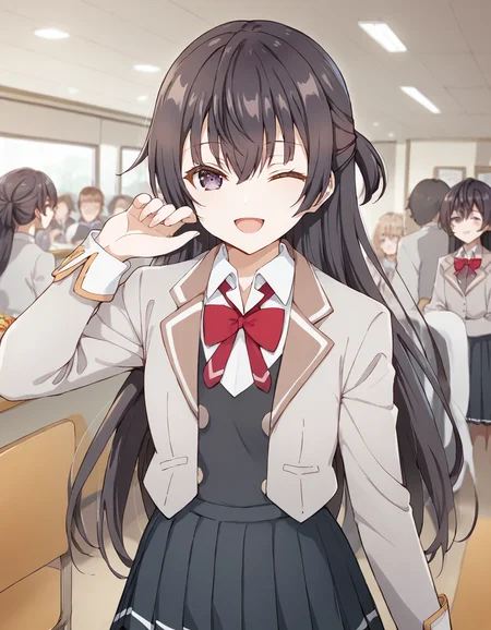score_9, score_8_up, score_7_up, source_anime,
1girl, crowd, looking at viewer, indoors, blurry backround, cowboy shot, happy, one eye closed, school, cafeteria,
yuki suou, black hair, long hair, half updo, hair between eyes, purple eyes,
school uniform, grey jacket, open jacket, long sleeves, red bow, white shirt, collared shirt, black vest, buttons, pleated skirt,
<lora:yuki_suou_anime_v5-soralz:1>