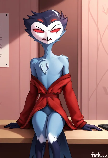 Stolas Goetia of Helluva Boss, 34 years old, angry, nice and cozy red morning gown, home, computer_on_fire, sitting behind desk, StlsGtia_Dskfll, stolas, N0R3AL_PDXL, PonyXLV6_Scores, blue body, feathers, bird, anthro, anthro bird, white face, red sclera, black hands, messy hair, large messy hair, dark blue messy hair, 4eyes, two sets of eyes, tail, bird tail, black and blue legs, (male anthro bird:1.3).