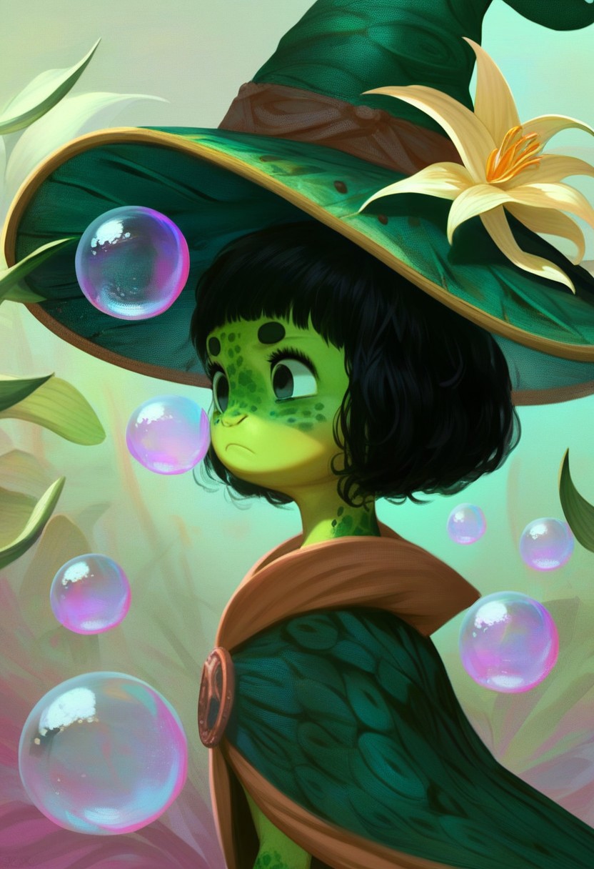 score_9, score_8_up, score_7_up, AxolotlWorldXLP, Expressiveh, extreme detail, source_anime, high quality, solo, 1 cute frog girl, feral, bright green skin, detailed scales, wizard hat, lily pad hat, magical book, feral frog on head, cute, colorful bubbles, abstract colors in background, short black hair, swimming, thinking, frown, flowing cape, realistic, magical energies, from side, from black, detailed frog skin, mystical swamp background