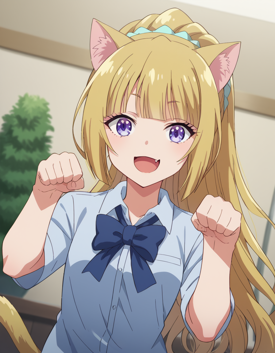 score_9, score_8_up, score_7_up, source_anime, keikaruizawa, <lora:kei-karuizawa-anime-s2-ponyxl-lora-nochekaiser:1>, kei karuizawa, long hair, bangs, blunt bangs, purple eyes, blonde hair, hair ornament, ponytail, scrunchie, blue scrunchie,, <lora:paw-pose-ponyxl-lora-nochekaiser:1>, paw pose, cat ears, cat tail, animal ears, tail, cat girl, open mouth, fang, whiskers,, indoors, smile,, cowboy shot, dutch angle, looking at viewer,