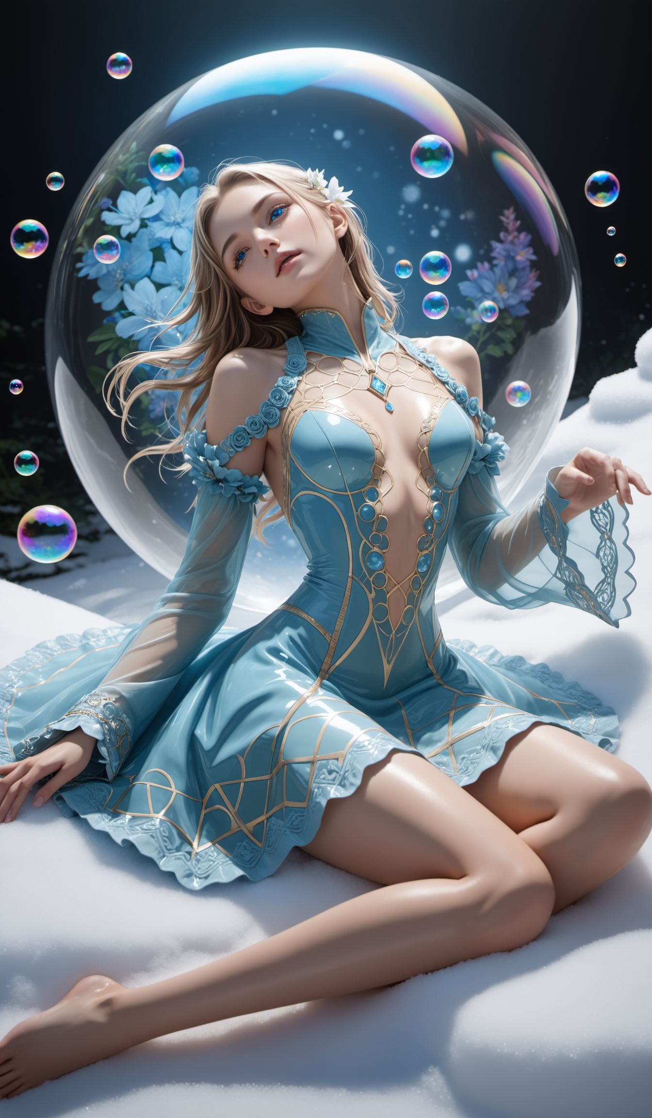 (Best quality,masterpiece,absurdres,ultra realistic:1.4),(Rococo:1.4),(close portrait:1.3),peerlessly beautiful idolmaster ,beautiful detailed eyes,(see-through_clothing),shine,glowing,sparkling,energy coalescing and vibrating,(dynamic angle,dynamic pose),whole_body,lie_down,shy ,sad,disdainful ,Around,sex,nsfw, topless, nude,
wearing gown,(((miniskirt))),
(hugging upper body clothing,  corduroy, Loom-Controlled Shifting, metallic plates, Raglan Sleeves, midi length, drop waist, Light Wash,,Side pockets,,pockets,,low back),(armlet, flamboyant surface blemishes aquamarine, radiant cut, table facets, 7.00 carat, dazzling,    glimmery, yellow gold, surface hardness, longevity, modification, twist setting, sustainable, rare, filigree, industrial, zodiac signs),( time-travel scenarios alpine flower,dramatic cliffs),(celestial,nature's cathedral,agile,noxious,lubricated,temperate),(witch's time-warping apothecary, prefabricated materials, Reflective Moonlight on Snow, rim lighting),
(Around floating bubbles:1.4)the most beautiful form of chaos,
(geometric:1.4),(flowers:1.4),