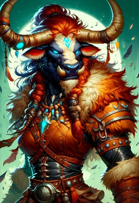 score_9, score_8_up, score_7_up, a tauren shaman, leather clothing, Flashfire glowing runes blue and green,