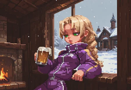 1girl,
flat color, (no lineart:1:2), (anime coloring:1.4), B1gd4d, pixel art, pixelart, pixel, Sinozick_illu, gradient, spot color, TLSS-ILV1.0, (muted color:1.5),
IllusP0s,
BREAK
1girl, solo, adult, blonde hair, long braid, braid over shoulder, single braid, arched_bangs, parted_bangs, curt4ined h4ir, green eyes, half lidded eyes, half closed eyes, bags under eyes, small breasts, slim, tall, puffy lips, lips,
(Baggy jacket, purple jacket, yellow stripes, white stripe, high collar jacket, ski jacket), (purple leggings, plum_\(color\), yellow stripes),
Hand on own chin, slouching, elbow on bar_\(furniture\), leaning on bar_\(furniture\), sad, tired, frown, sarcastic, looking away, holding drink, beer bottle,
BREAK
Cabin, lodge, ski lodge, log building, fireplace, window, blizzard outside window, snowstorm through window, interior,
masterpiece, very aesthetic, absurdres