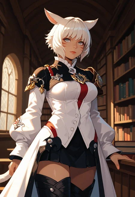score_9, score_8_up, score_7_up, 1girl, solo, shtla, dark-skinned female, animal ears, tail, whisker markings, short hair, large breasts, <lora:YshtolaRhulPDXL_V1-Manityro-CAME:1.0>,
grey eyes, white hair, red heaOtft, white trenchcoat, badge, high collar, black collared shrug, long sleeves, puffy sleeves, black miniskirt, thigh boots,
looking at viewer,
indoors, library,