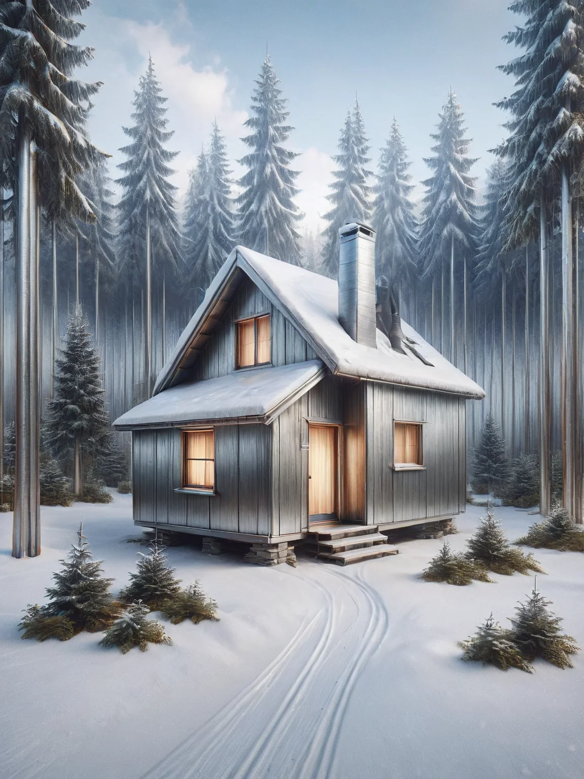 A ais-steelz cozy cabin nestled in a snow-covered forest, contrasting with the natural surroundings <lora:Brushed_Steel_Style_SDXL:1>