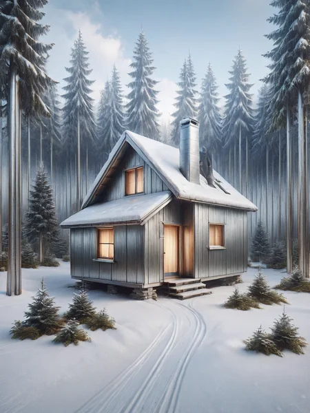 A ais-steelz cozy cabin nestled in a snow-covered forest, contrasting with the natural surroundings <lora:Brushed_Steel_Style_SDXL:1>