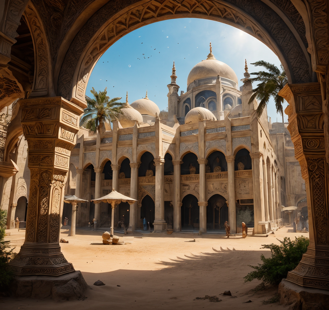 RAW photo, (masterpiece:1.3), subsurface scattering, heavy shadow, (high quality:1.4), (intricate, high detail:1.2), professional photography, HDR, High Dynamic Range, realistic, ultra realistic, photorealistic, high resolution, film photography, ambient lighting, atmospheric effects, <lora:detail_slider_v4:2>, OverallDetail,   <lora:Arabian_Town:1>, artow,banner, bird, boat, building, column, day, desert, no humans, outdoors, palm tree, scenery, sky, tower, tree, epiCPhoto