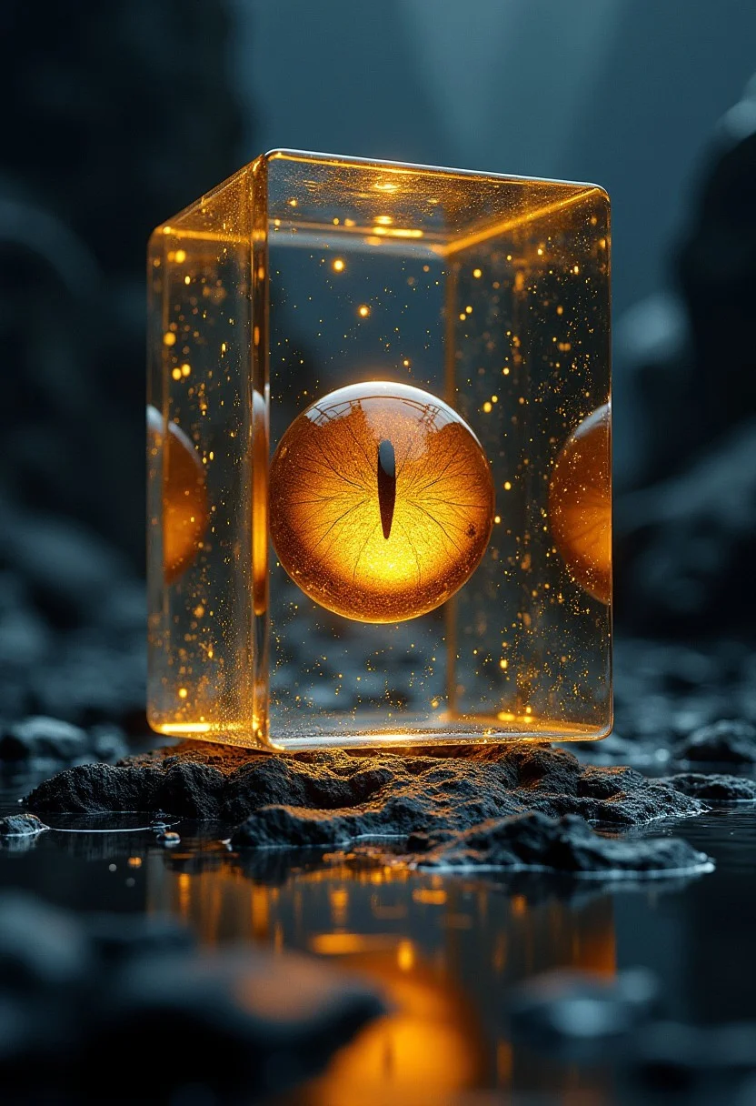 masterpiece, 8k, hdr, best quality, photography, analog style, real life, extremely beautiful, (highly detailed, intricately detailed), ray tracing, (dramatic lighting), microcosm transforming, inside transparent cube, (1golden cat's eye), the cube floats in the penumbra, illusionistic moment, an experimental illustration, dimensional shifts, an experience inside an alien place, expressionistic, dark and strange illustration, construction of an opening, detailed and intricate photorealistic textures, high definition, detailed and intricate background, distinct foreground and background, surreal ultra deep depth of field. depth addition, realistic 3D optical illusion. dynamic and responsive weather. dynamic time, dynamic situations, dynamic poses, dynamic expressions, bioluminescent realistic physics, ray tracing