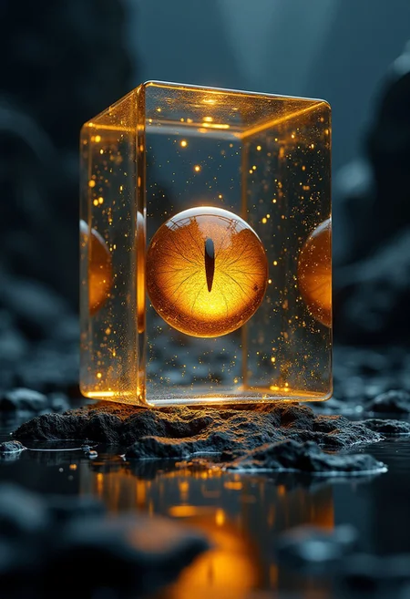 masterpiece, 8k, hdr, best quality, photography, analog style, real life, extremely beautiful, (highly detailed, intricately detailed), ray tracing, (dramatic lighting), microcosm transforming, inside transparent cube, (1golden cat's eye), the cube floats in the penumbra, illusionistic moment, an experimental illustration, dimensional shifts, an experience inside an alien place, expressionistic, dark and strange illustration, construction of an opening, detailed and intricate photorealistic textures, high definition, detailed and intricate background, distinct foreground and background, surreal ultra deep depth of field. depth addition, realistic 3D optical illusion. dynamic and responsive weather. dynamic time, dynamic situations, dynamic poses, dynamic expressions, bioluminescent realistic physics, ray tracing