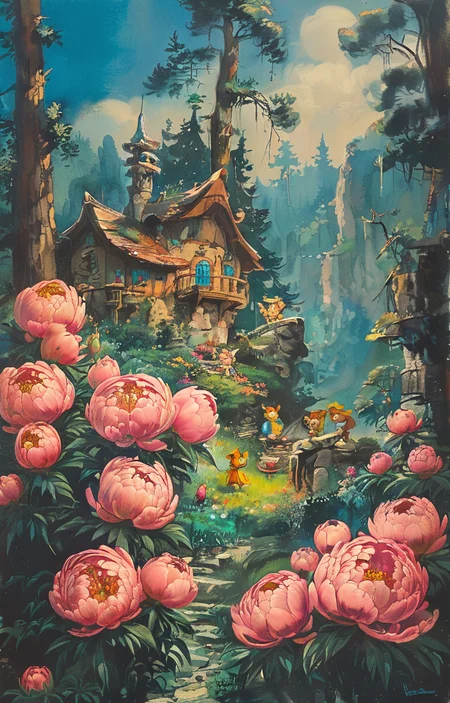 masterpiece,best quality,<lora:tbh285-sdxl:0.9>,illustration,style of Hanna-Barbera decaying peonies