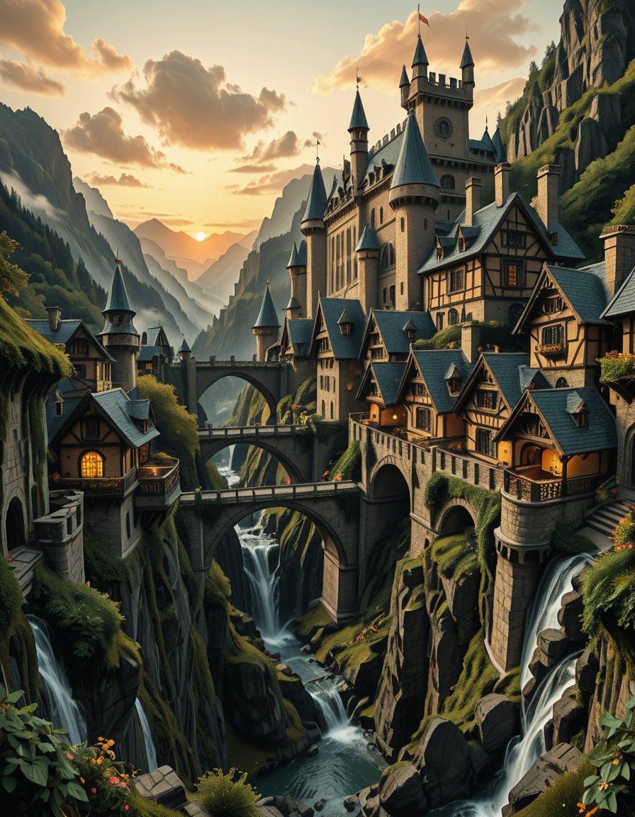 A breathtaking medieval fantasy city nestled in a lush valley, surrounded by towering mountains and dense forests. A grand castle with multiple towers and turrets stands atop a hill, overlooking the town below. The city consists of charming half-timbered houses with glowing windows, perched on rocky cliffs and connected by stone bridges over cascading waterfalls. The river flows through the village, reflecting the warm golden lights of lanterns and torches. Ivy and moss grow over the stone walls, adding to the enchanted, ancient atmosphere. The background features misty mountains with additional fortresses and watchtowers, partially hidden by low-hanging clouds. The sky is illuminated by a soft, warm sunset, casting a golden glow on the scenery, creating a perfect blend of realism and fantasy. Highly detailed, cinematic, and immersive, with a magical, fairy-tale ambiance.
<lora:SDXLFaeTastic2400:0.4> <lora:extremely_detailed:0.4> extremely detailed, ,medieval f4nt4sy c1ty <lora:medieval_f4nt4sy_c1ty-i:1>, Masterpiece,best quality,hi res,8k,hi res,8k,award winning,(sharp focus, intricate, highly detailed),