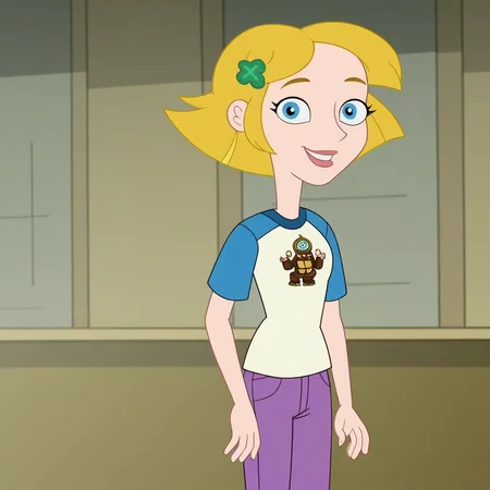 score_9, masterpiece, 1girl, Solo, female focus, SaraM_MM, light skin, bright blue eyes, golden blonde hair, short hair, pointed nose, green four-leaf clover hair clip, white T-shirt with light blue sleeves, logo on the shirt, deep lilac capri pants, purple sneakers, big eyes, tall stature, standing, close-up, room background, looking at viewer, perfect eyes, face photo, detailed eyes, smile