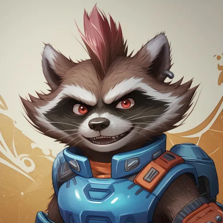 score_9, score_8_up, score_7_up, score_6_up, score_5_up, score_4_up, source_furry
anthro, ((1boy, solo)), brown fur, raccoon, mohawk, shortstack, red eyes, armor, blue pants, kneepads, earing, gloves, jetpack
BREAK
detailed background, neo tokyo scenery, (((bust portrait)))