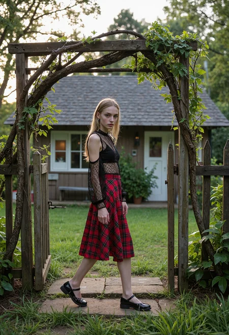 Pictorialist far shot photograph featuring slender georgian female, 18yo, with hazel eyes performing a demure walking motion. She has blonde emo scene hair with dark roots and white emo makeup, wearing sheer net cold shoulder top with a plaid midi skirt , completed by mary jane shoes with metal accents. The outfit is topped off with earrings. Set in a cottagecore dream right in front of a quaint small cabin with a fence-gate trellis leading into a lush garden, on a sunny dusk in summer. With artificial multi-layer lighting, film grain, volumetric lighting <lora:flux_skinny_slider>