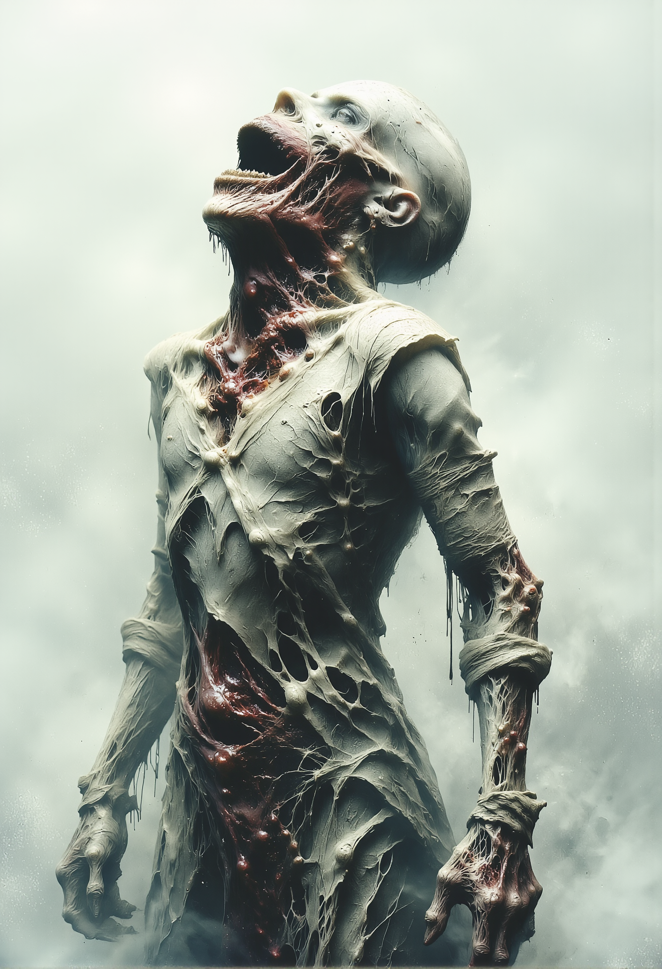 Thin zombie. Disturbed. Pain. White skin. Grotesque. Disgusting. Wrapped in bandages. Bloody. Distorted. Cramped. Inhibited. White, misty background. fog. scream in agony. tilt head back.  <lora:Elden_Ring_-_Yoshitaka_Amano.safetensors:1.0>,  <lora:- Flux1 De-Distilled - temp_haunting_cre_1.0.safetensors:1.0>,  <lora:aiai-Glimra-Flux-Dev-v2.safetensors:0.75>,  <lora:dark_fantasy_flux.safetensors:0.5>,