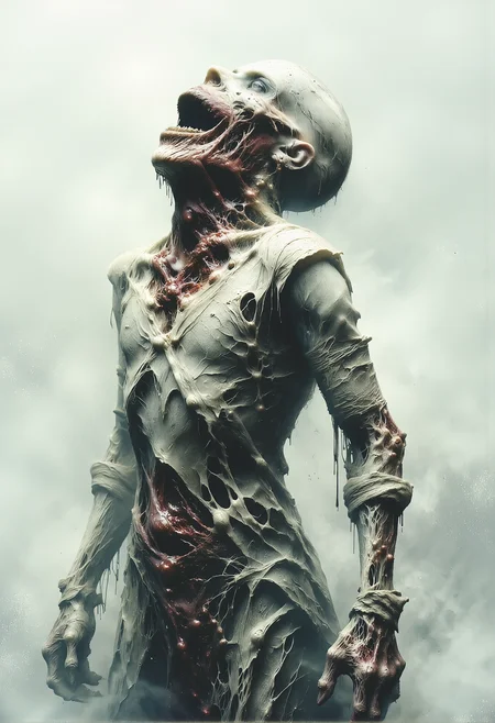 Thin zombie. Disturbed. Pain. White skin. Grotesque. Disgusting. Wrapped in bandages. Bloody. Distorted. Cramped. Inhibited. White, misty background. fog. scream in agony. tilt head back. <lora:Elden_Ring_-_Yoshitaka_Amano.safetensors:1.0>, <lora:- Flux1 De-Distilled - temp_haunting_cre_1.0.safetensors:1.0>, <lora:aiai-Glimra-Flux-Dev-v2.safetensors:0.75>, <lora:dark_fantasy_flux.safetensors:0.5>,