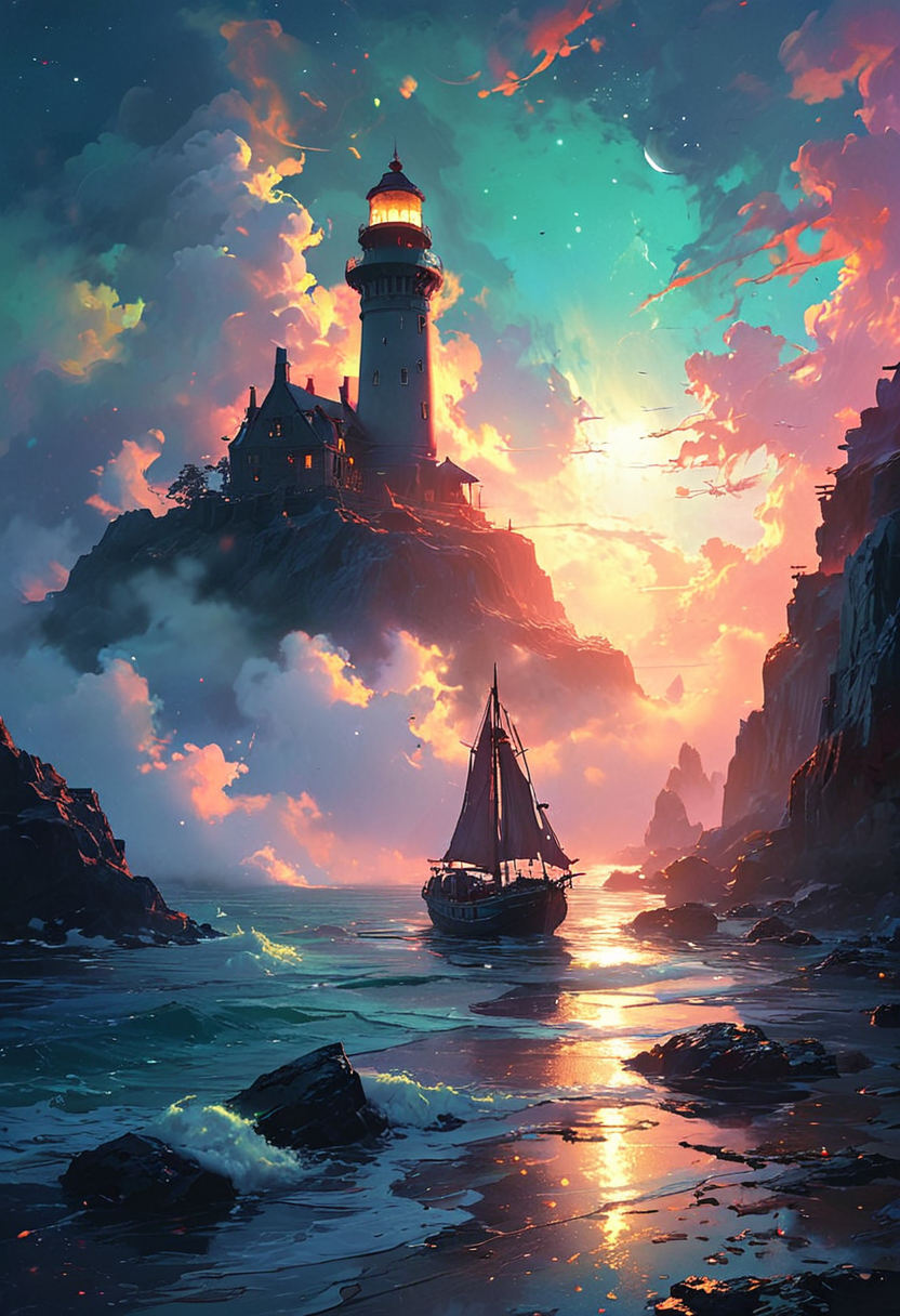 Under the eerie glow of a full moon, a dark and ominous landscape unfolds. A vibrant, colorful ship stands by the edge of a serene ocean, its vivid hues contrasting starkly with the foreboding atmosphere. In the background, a lighthouse stands atop jagged rocks, its light cutting through the darkness and reflecting off the ocean's surface, glistening in the moonlight. Thick, swirling clouds loom overhead, adding to the sense of an evil presence. The moonlight filters through the clouds, casting an otherworldly glow over the scene. A falling star streaks across the sky, adding a touch of mysticism to the night. The air is thick with a sense of ancient secrets and dark magic, as if the very night is alive with hidden power.  [romantic impressionism,dream scenery art,beautiful oil matte painting,romantic,style of thomas kinkade,beautiful digital painting,anime landscape,romantic painting,dreamlike digital painting,colorful painting,beautiful gorgeous digital art,style of greg rutkowski,janek sedlar,jenny saville:0]  <lora:vivid_everclear:0.6>  <lora:Sinozick:1>  <lora:MJ52:0.75>
