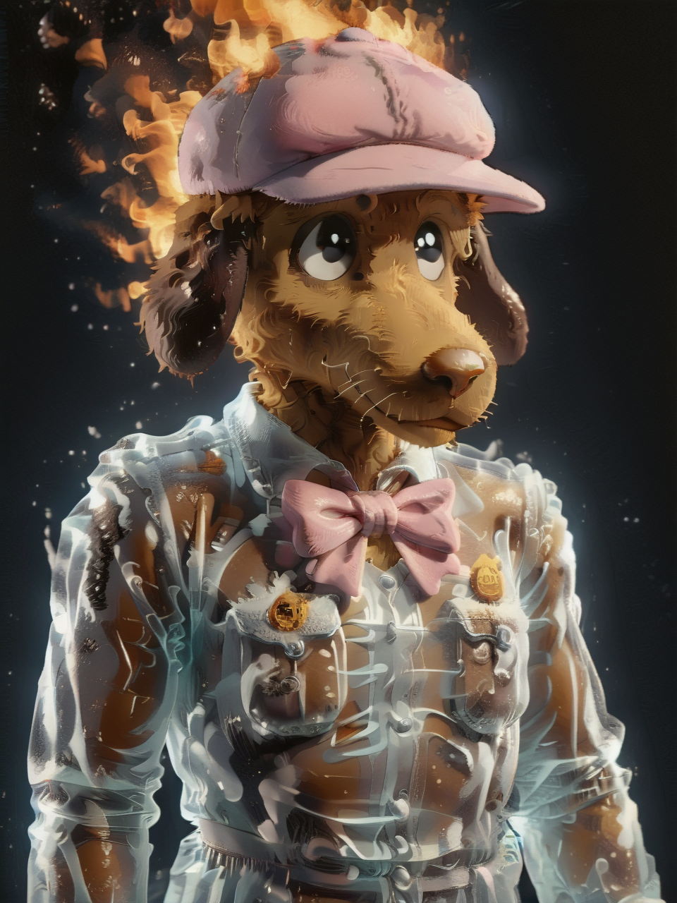 f1r3,1c3_w1n73r,Smiley, furry male, male focus, furry,1boy, solo,ice uniform,fire hat,pink hat,fire bowtie,fire bow,portrait,black eyes,<lora:Todd and Smiley:1.0>,<lora:fire:0.6>,<lora:ice:0.6>