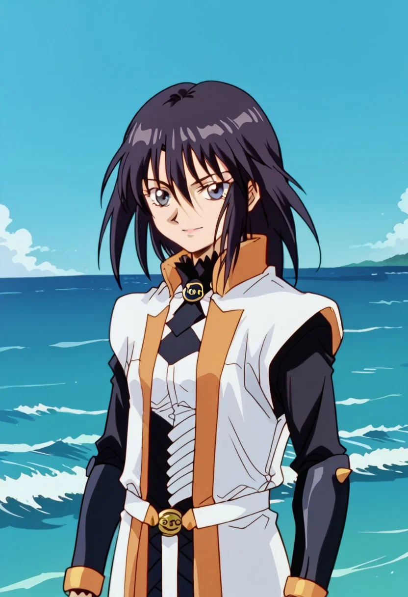 score_8, score_8_up, score_7_up, AWGXS, anime screenshot, retro artstyle,1990s (style), cel animation BREAK 1girl, female focus, solo, Azlier_SN, black hair, bangs, hair between eyes, long hair, sidelocks, grey eyes, white coat, collared coat, sleeveless coat, open coat, gorget, black gorget, brooch, white shirt, turtleneck shirt, black turtleneck, black sleeves, armor, belt, bracers, black pants, cowboy shot, outdoors, ocean, blue sky, waves, looking at viewer, smile
