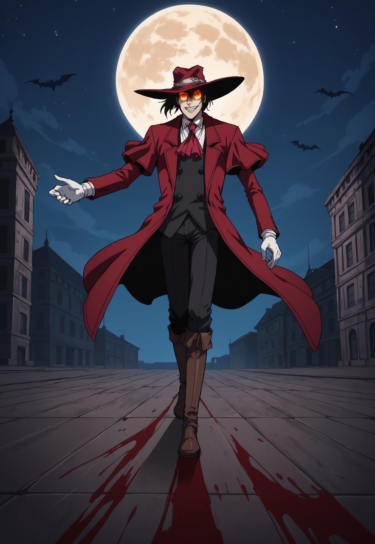 safe_pos, score_9, score_8_up, score_7_up, masterpiece, best quality, amazing quality, Normalucard, solo, 1boy, male focus, black hair, short hair, red coat, red ascot, white shirt, black jacket, white gloves, black pants, brown boots, glasses, orange-tinted eyewear, round eyewear, red hat, evil smirk, sharp teeth, looking at viewer, cowboy shot, dynamic pose, perspective, night, dark, full moon, bats, too many bats, blood on ground

