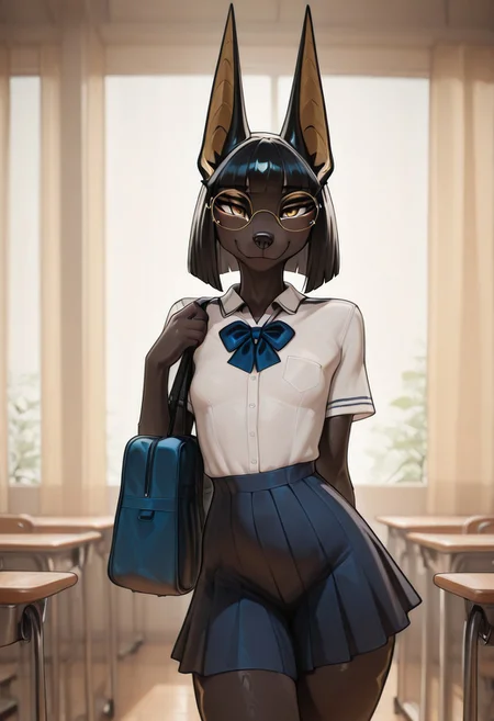 1girl(anthro jackal:1.2), furry, tail, long hair, black hair, hime cut, high pigtails, round glasses Osira, black hair, bangs, dark-skinned female, caramel skin, egyptian female, yellow eyes, small breasts,, school uniform, skirt, blouse, short hair, smile, brown eyes, looking at viewer, classroom, bag,
BREAK masterpiece, best quality,