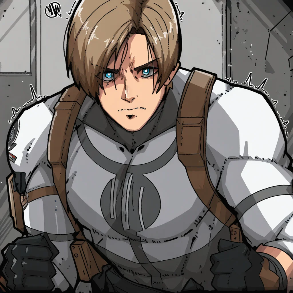 masterpiece, best quality, newest, absurdres, highres, mark_gavatino, mark gavatino style, VILTFit-V1.0-Withemblem, VILTemblem-V1.0, bodysuit, white bodysuit, 1boy, leon s. kennedy, brown hair, blue eyes, gloves,