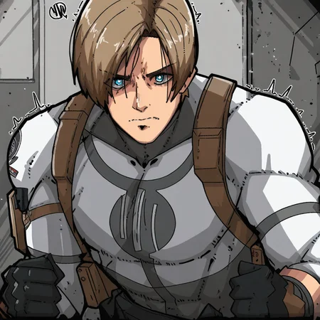 masterpiece, best quality, newest, absurdres, highres, mark_gavatino, mark gavatino style, VILTFit-V1.0-Withemblem, VILTemblem-V1.0, bodysuit, white bodysuit, 1boy, leon s. kennedy, brown hair, blue eyes, gloves,