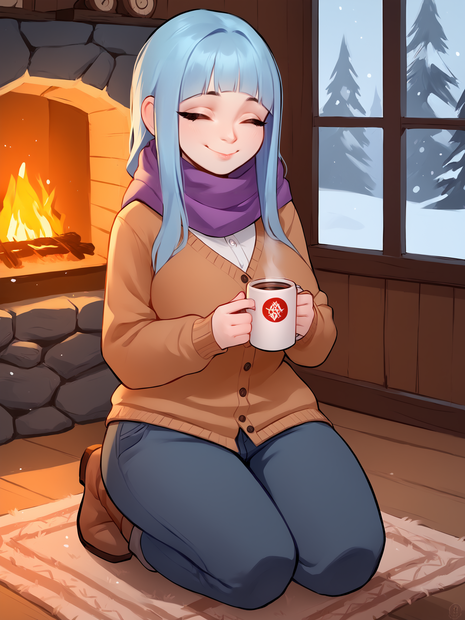 score_9, score_8_up, score_7_up, score_6_up, score_5_up, score_4_up,
BREAK
1girl, meme \(me!me!me!\), light blue hair,, relaxing, closed eyes, wavy eyes, light smile, happy, closed mouth, blunt bangs, adult, mature,
BREAK
solo, kneeling, large breasts, cardigan, winter, purple scarf, shirt, pants, fur boots, holding coffee mug, looking up,
BREAK
indoors, window, log cabin, fireplace, natthelich, <lora:Lunas-Meme-ME!ME!ME!-SDXL-A1_1:1> <lora:Lunas-NatTheLich-SDXL-D2:1>