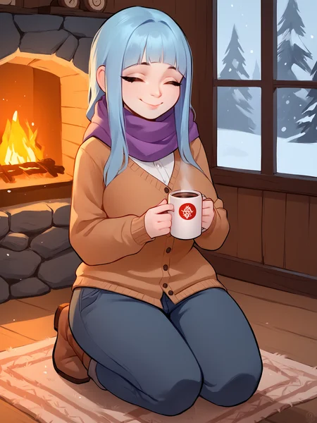 score_9, score_8_up, score_7_up, score_6_up, score_5_up, score_4_up,
BREAK
1girl, meme \(me!me!me!\), light blue hair,, relaxing, closed eyes, wavy eyes, light smile, happy, closed mouth, blunt bangs, adult, mature,
BREAK
solo, kneeling, large breasts, cardigan, winter, purple scarf, shirt, pants, fur boots, holding coffee mug, looking up,
BREAK
indoors, window, log cabin, fireplace, natthelich, <lora:Lunas-Meme-ME!ME!ME!-SDXL-A1_1:1> <lora:Lunas-NatTheLich-SDXL-D2:1>