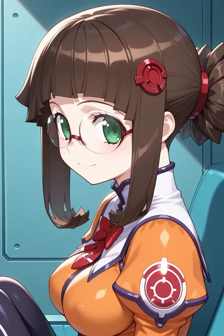 masterpiece, best quality, 1girl, solo, stellvia_fujisawa_yayoi_ilxl, orange shirt, <lora:stellvia_fujisawa_yayoi_ilxl:0.9> breasts, looking at viewer, smile, sitting , from the right side, upper body, indoor