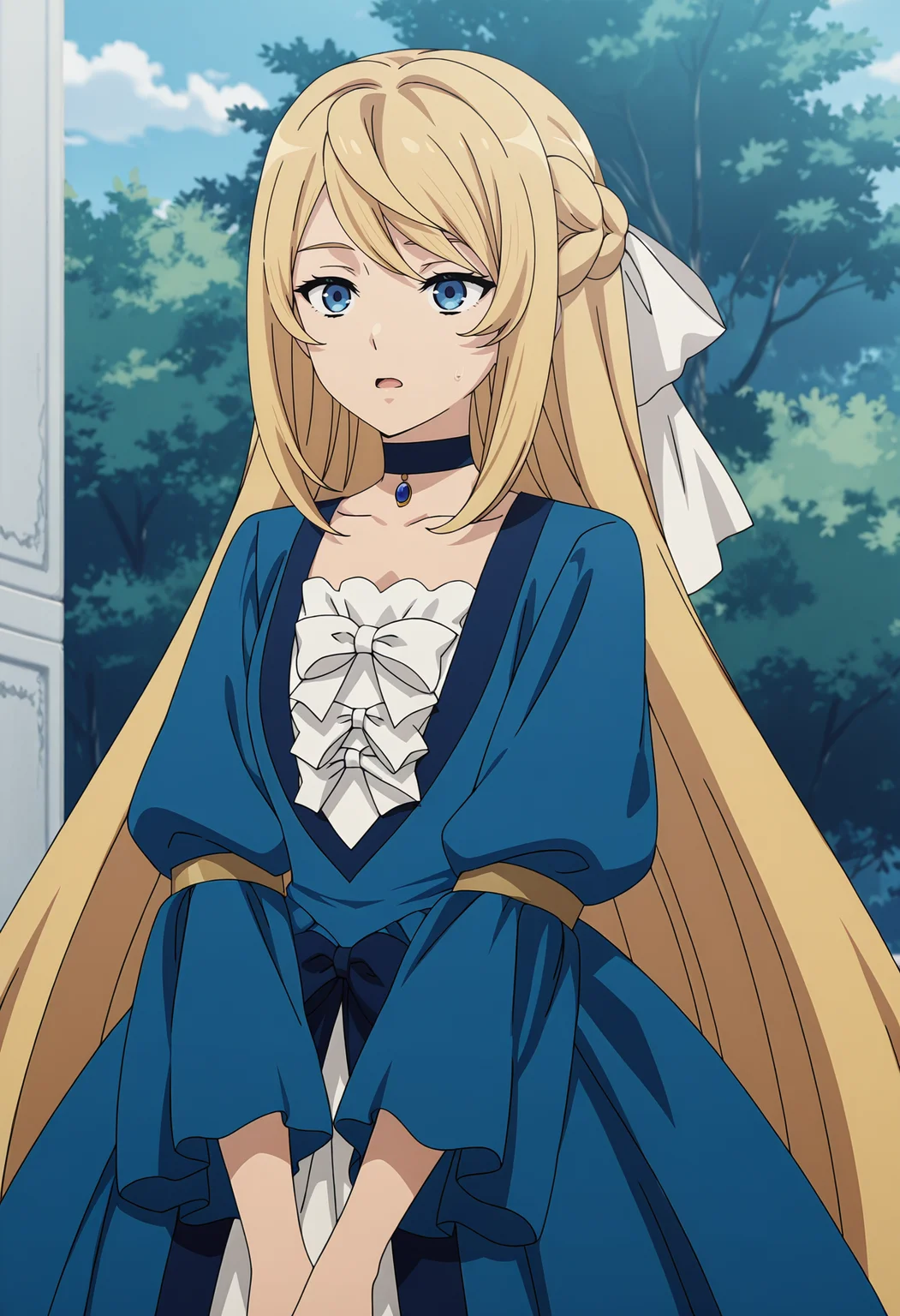 <lora:Ariel Anemoi Asura_illustrious-000048:1>,
Ariel Anemoi Asura,dress,braid,blue dress,outdoors,choker,open mouth,very long hair,white ribbon,anime screencap