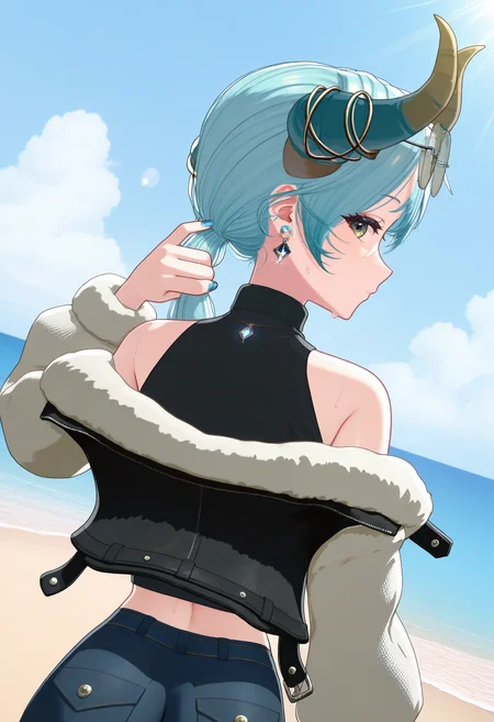 masterpiece, best quality, good quality, <lora:MareFlos:1>, MareFlos, 1girl, ponytail, aqua hair, green eyes, large breasts, hair ornament, earrings, dragon girl, dragon horns, horn ornament,
blue nails, necklace, black crop top, sleeveless turtleneck, navel, midriff, high-waist jeans,
round eyewear, sunglasses, eyewear on head, 
cropped jacket, fur-trimmed jacket, off shoulders,
from behind, expressionless, looking at viewer, profile, adjusting ponytail, sweat, 
BREAK beach, light rays, sunlight, dutch angle, lens flare, glitter, blue sky, cloud,