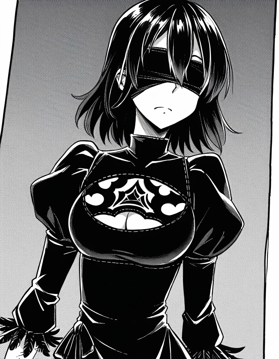 score_9, score_8_up, score_7_up, source_anime, sakiyoshida, <lora:saki-yoshida-manga-ponyxl-lora-nochekaiser:1>, saki yoshida, long hair, hair between eyes, monochrome, greyscale, black hair,, <lora:2b-cosplay-ponyxl-lora-nochekaiser:1>, 2bcosplay, 2b \(nier\:automata\) \(cosplay\), gloves, long sleeves, dress, puffy sleeves, black dress, clothing cutout, cleavage cutout, juliet sleeves, feather-trimmed sleeves, blindfold, black blindfold, covered eyes,, wasteland,, cowboy shot, dutch angle,