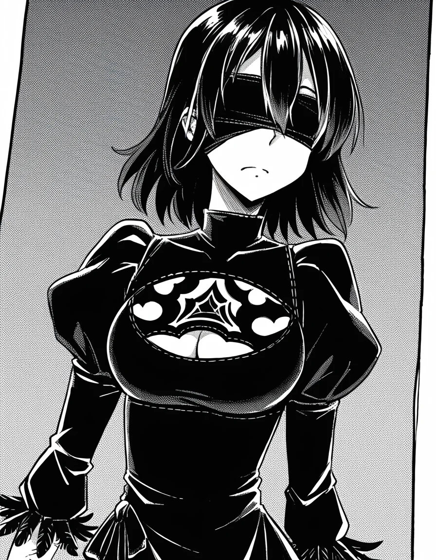 score_9, score_8_up, score_7_up, source_anime, sakiyoshida, <lora:saki-yoshida-manga-ponyxl-lora-nochekaiser:1>, saki yoshida, long hair, hair between eyes, monochrome, greyscale, black hair,, <lora:2b-cosplay-ponyxl-lora-nochekaiser:1>, 2bcosplay, 2b \(nier\:automata\) \(cosplay\), gloves, long sleeves, dress, puffy sleeves, black dress, clothing cutout, cleavage cutout, juliet sleeves, feather-trimmed sleeves, blindfold, black blindfold, covered eyes,, wasteland,, cowboy shot, dutch angle,