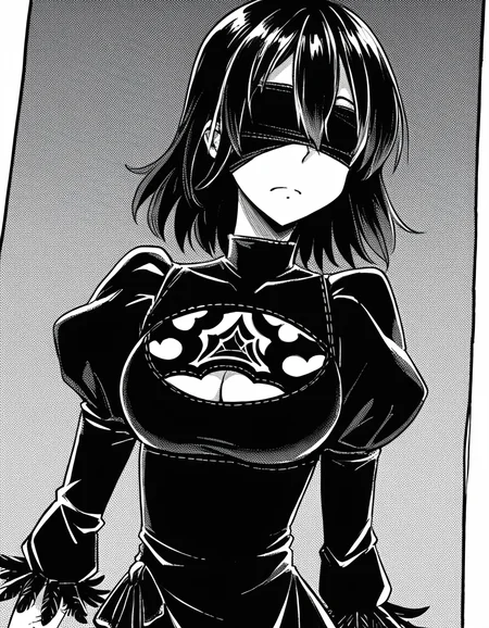 score_9, score_8_up, score_7_up, source_anime, sakiyoshida, <lora:saki-yoshida-manga-ponyxl-lora-nochekaiser:1>, saki yoshida, long hair, hair between eyes, monochrome, greyscale, black hair,, <lora:2b-cosplay-ponyxl-lora-nochekaiser:1>, 2bcosplay, 2b \(nier\:automata\) \(cosplay\), gloves, long sleeves, dress, puffy sleeves, black dress, clothing cutout, cleavage cutout, juliet sleeves, feather-trimmed sleeves, blindfold, black blindfold, covered eyes,, wasteland,, cowboy shot, dutch angle,