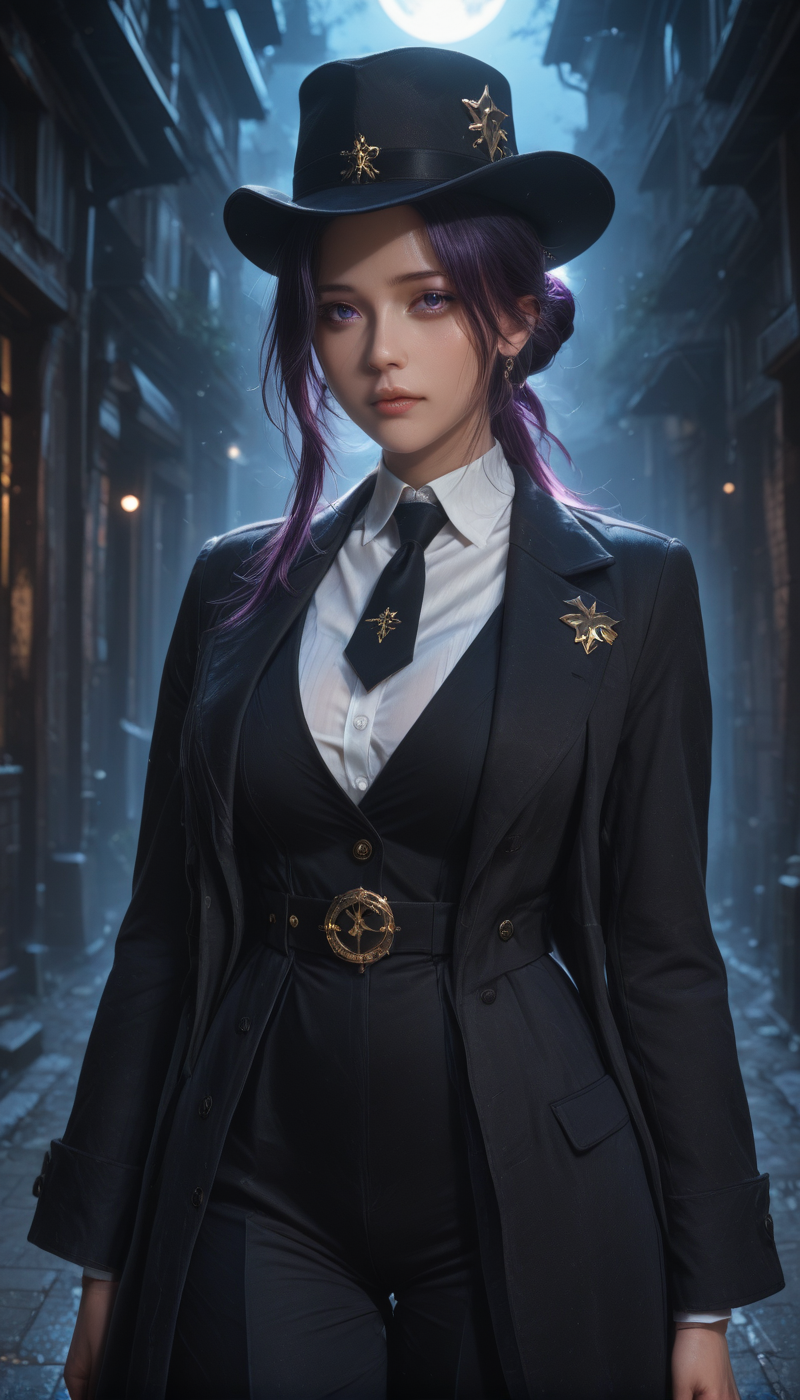 <lora:LCMTurboMix_Euler_A_fix:1> <lora:example_SDXL:0.3>, EZRealPONYXL, <lora:Dramatic Lighting Slider:3>  <lora:realistic filter [IL]:1>
DSLR,realistic,cosplay photo, (very awa,masterpiece,best quality,year 2024,newest,absurdres,highres:1), realistic,skin texture,facial features, photography shot with Canon EOS 5D Mark IV , realistic, RAW, best quality, masterpiece, amazing quality, skin details,
detailed background, shiny skin, dutch angle, night, moonlight,
beautiful detailed eyes, intricate details, absurdres, anime screencap,
<lora:Clorinde_Genshin_ILXL_kill0825:1>
GClorinde, large breasts, hair between eyes, blue hair, purple eyes, low ponytail, long hair, dark blue hair, purple hair, multicolored hair,
shirt, long sleeves, hat, jewelry, jacket, white shirt, braid, thighs, earrings, open clothes, necktie, collared shirt, pants, belt, hair bun, star (symbol), vest, coat, black jacket, black headwear, dress shirt, buttons, swept bangs, black pants, single hair bun, wing collar, colored inner hair, black belt, black coat, open coat, black vest, hat ornament,  two-sided fabric, braided bun, formal, suit, buckle, belt buckle, black suit,