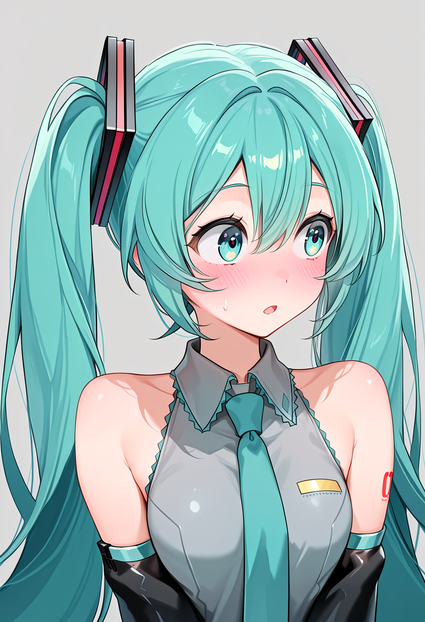 masterpiece, best quality, absurdres, rejection_reaction, 1girl, solo, open mouth, looking to the side, hatsune miku, aqua eyes, blush, upper body, simple background, twintails, hair ornament, aqua hair, long hair, bare shoulders, detached sleeves, necktie, grey shirt,  <lora:rejection_reaction_meme-09-IL:1>
