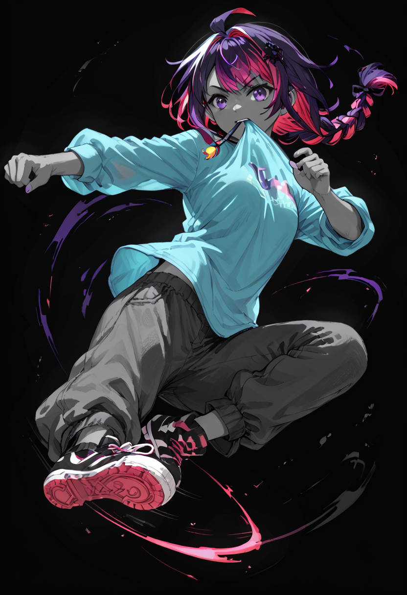 embedding:PonyScores7, 1 character, two-tone hair, red hair, blueviolet hair, braid,  purple eyes, aqua shirt, mouth hold,  kicking <lora:Poses\Various kicks - XL pony v1.0:0.5>,     (black background), glow, neon,monochrome <lora:Style\Monochrome_Neon_Glow_Style:0.9>