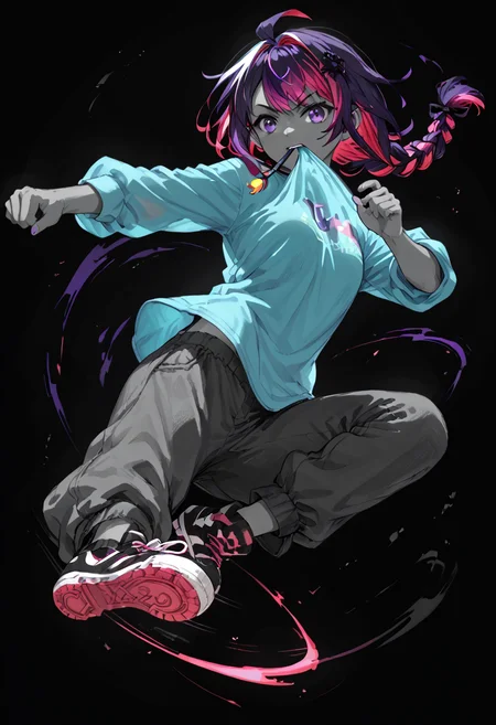 embedding:PonyScores7, 1 character, two-tone hair, red hair, blueviolet hair, braid, purple eyes, aqua shirt, mouth hold, kicking <lora:Poses\Various kicks - XL pony v1.0:0.5>, (black background), glow, neon,monochrome <lora:Style\Monochrome_Neon_Glow_Style:0.9>